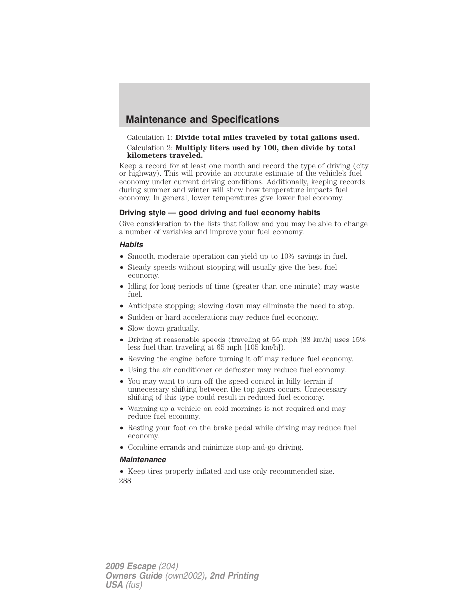 Habits, Maintenance, Maintenance and specifications | FORD 2009 Escape v.2 User Manual | Page 288 / 310