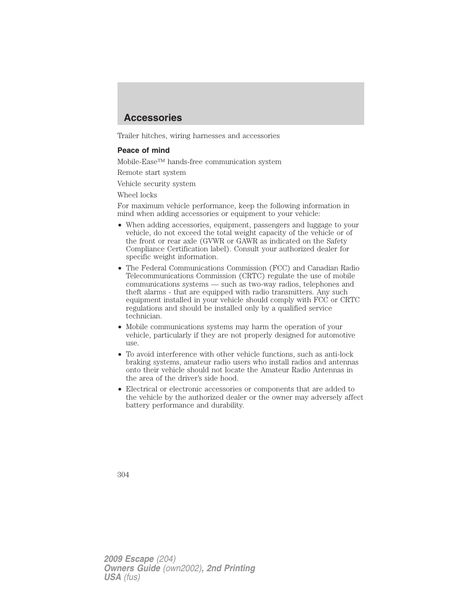 Peace of mind, Accessories | FORD 2009 Escape v.2 User Manual | Page 304 / 310