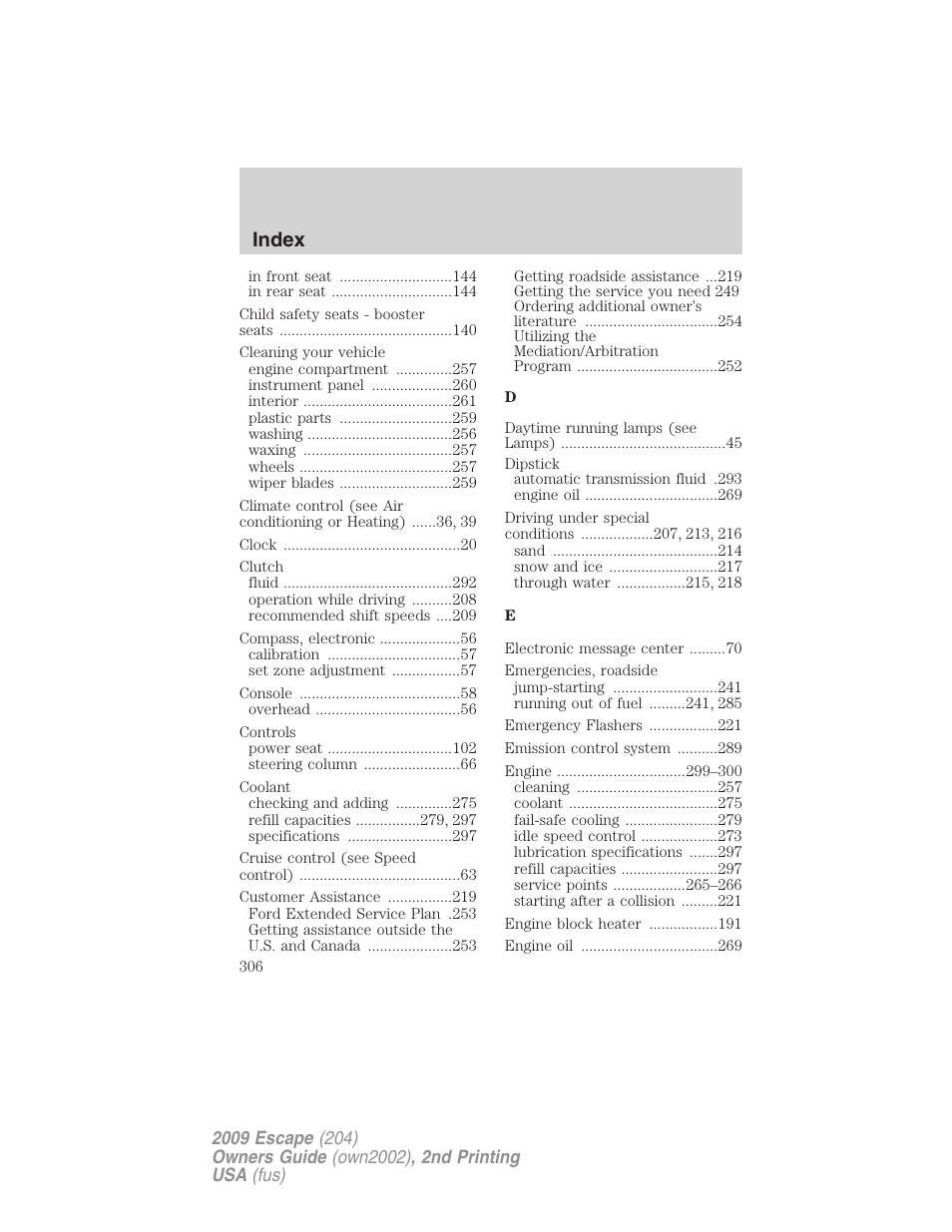 Index | FORD 2009 Escape v.2 User Manual | Page 306 / 310