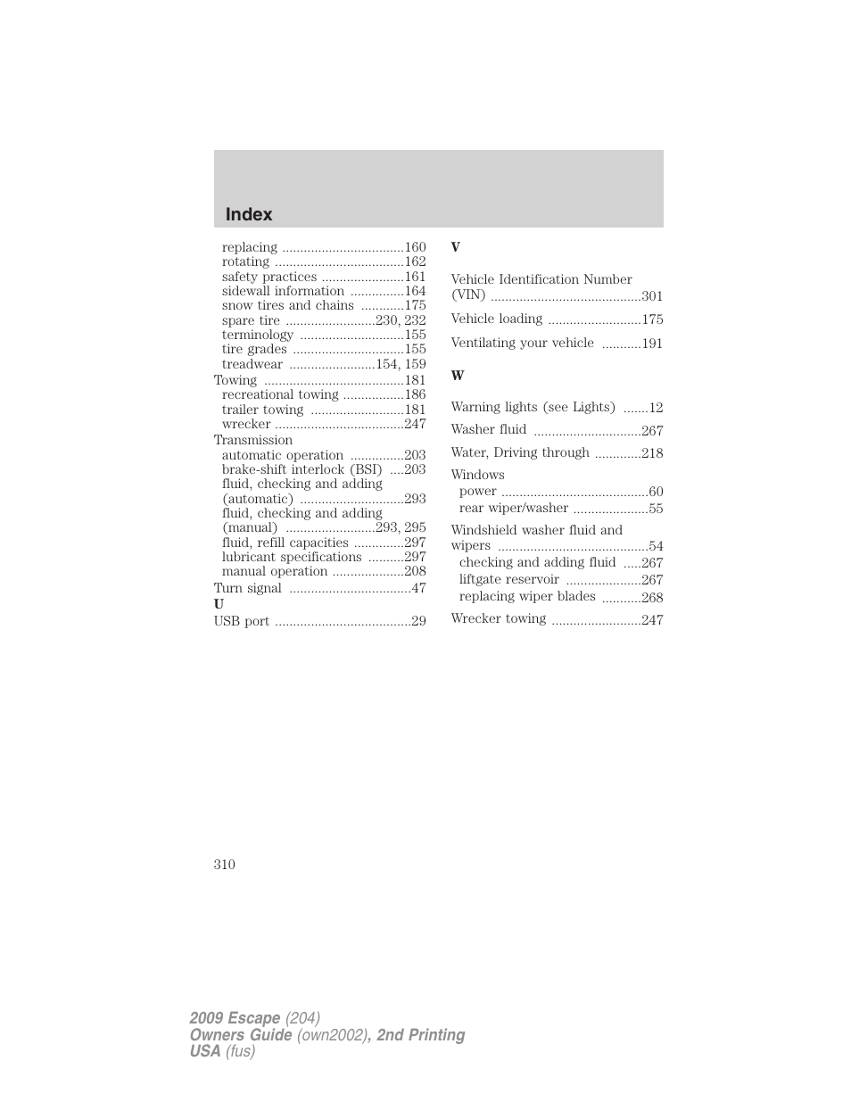 Index | FORD 2009 Escape v.2 User Manual | Page 310 / 310