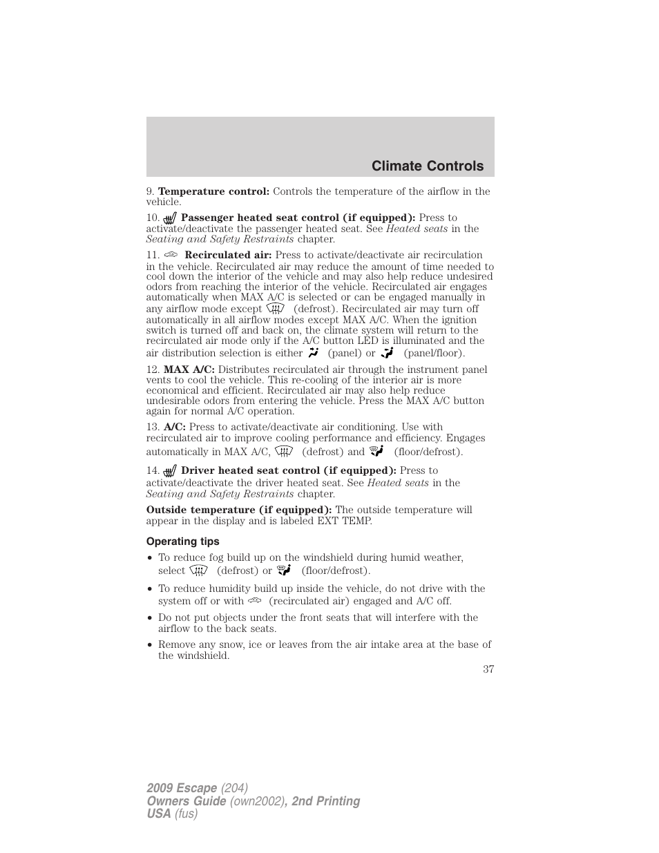 Operating tips, Climate controls | FORD 2009 Escape v.2 User Manual | Page 37 / 310