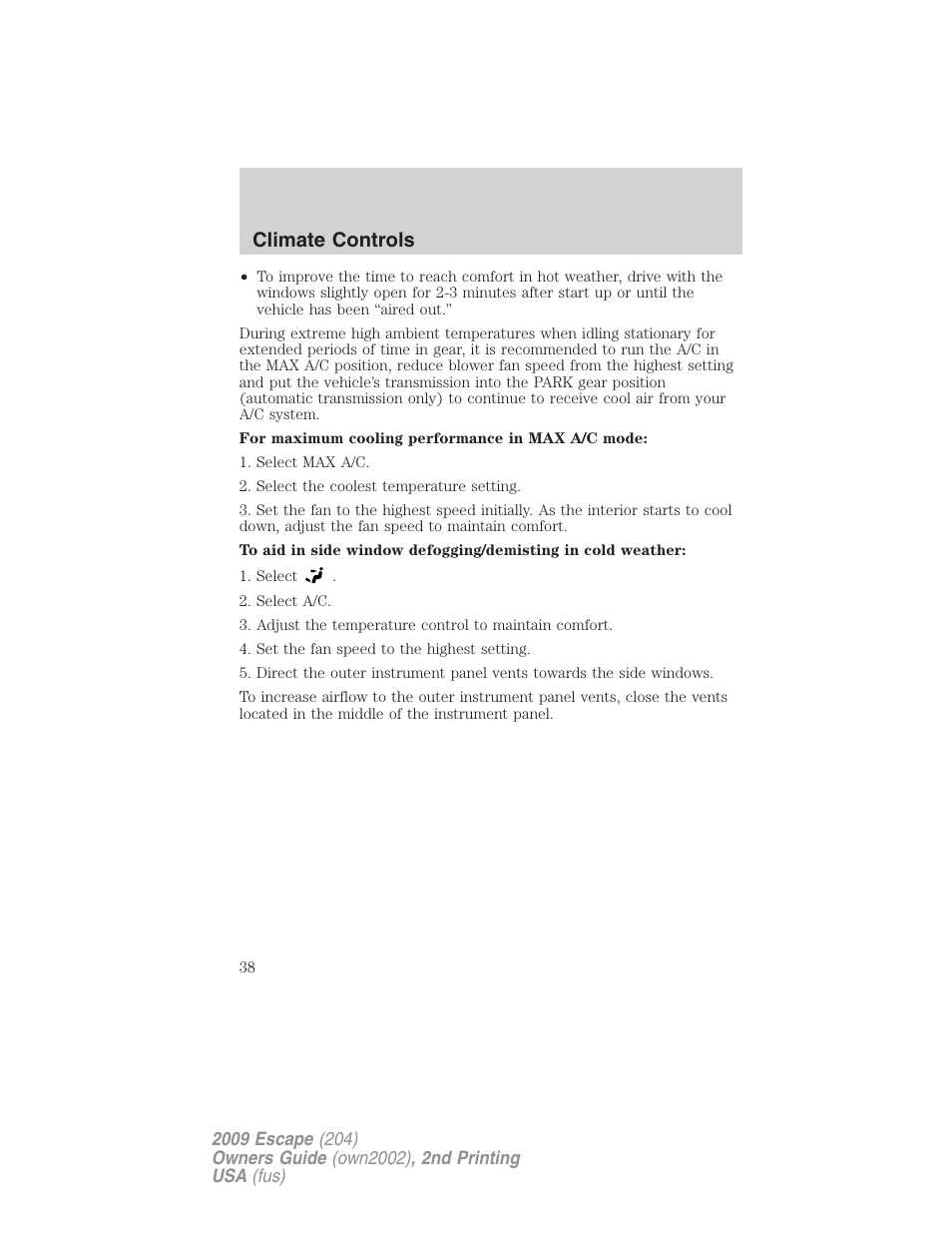 Climate controls | FORD 2009 Escape v.2 User Manual | Page 38 / 310