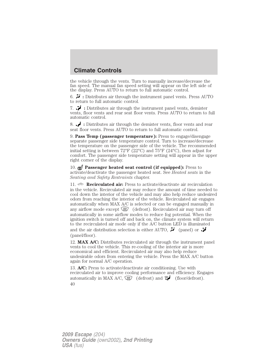 Climate controls | FORD 2009 Escape v.2 User Manual | Page 40 / 310