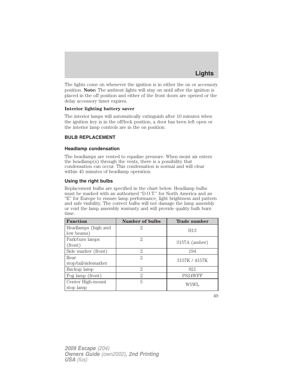 Bulb replacement, Headlamp condensation, Using the right bulbs | Lights | FORD 2009 Escape v.2 User Manual | Page 49 / 310
