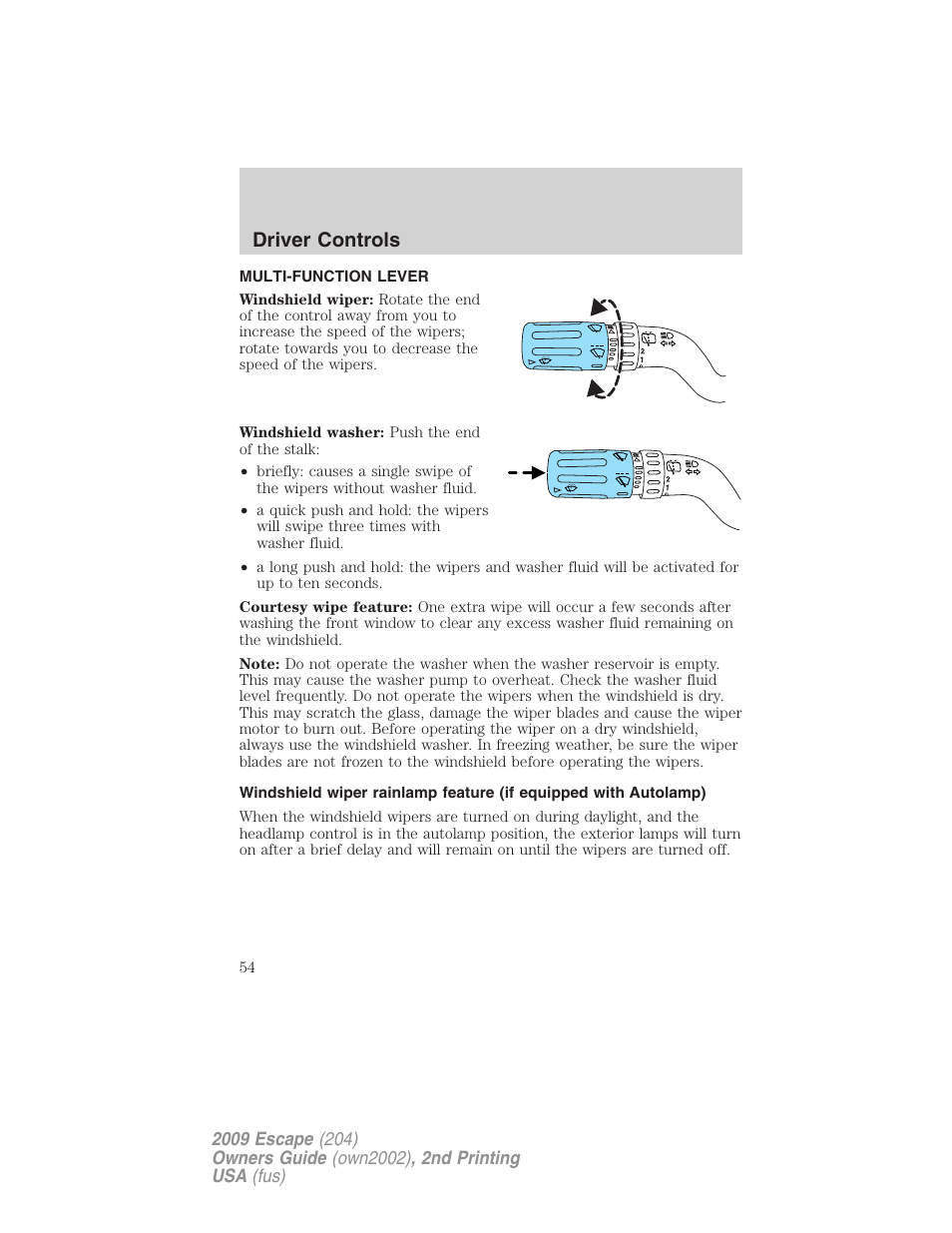 Driver controls, Multi-function lever, Windshield wiper/washer control | FORD 2009 Escape v.2 User Manual | Page 54 / 310