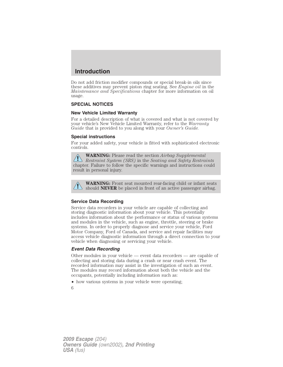 Special notices, New vehicle limited warranty, Special instructions | Service data recording, Event data recording, Introduction | FORD 2009 Escape v.2 User Manual | Page 6 / 310