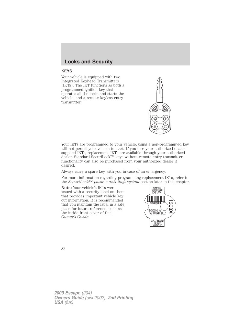 Locks and security, Keys | FORD 2009 Escape v.2 User Manual | Page 82 / 310