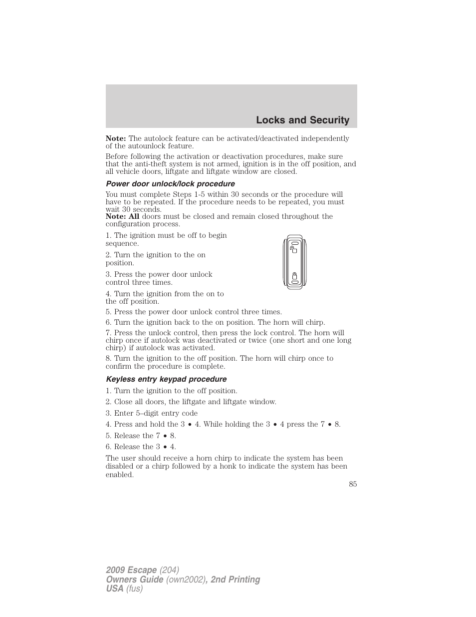 Power door unlock/lock procedure, Keyless entry keypad procedure, Locks and security | FORD 2009 Escape v.2 User Manual | Page 85 / 310