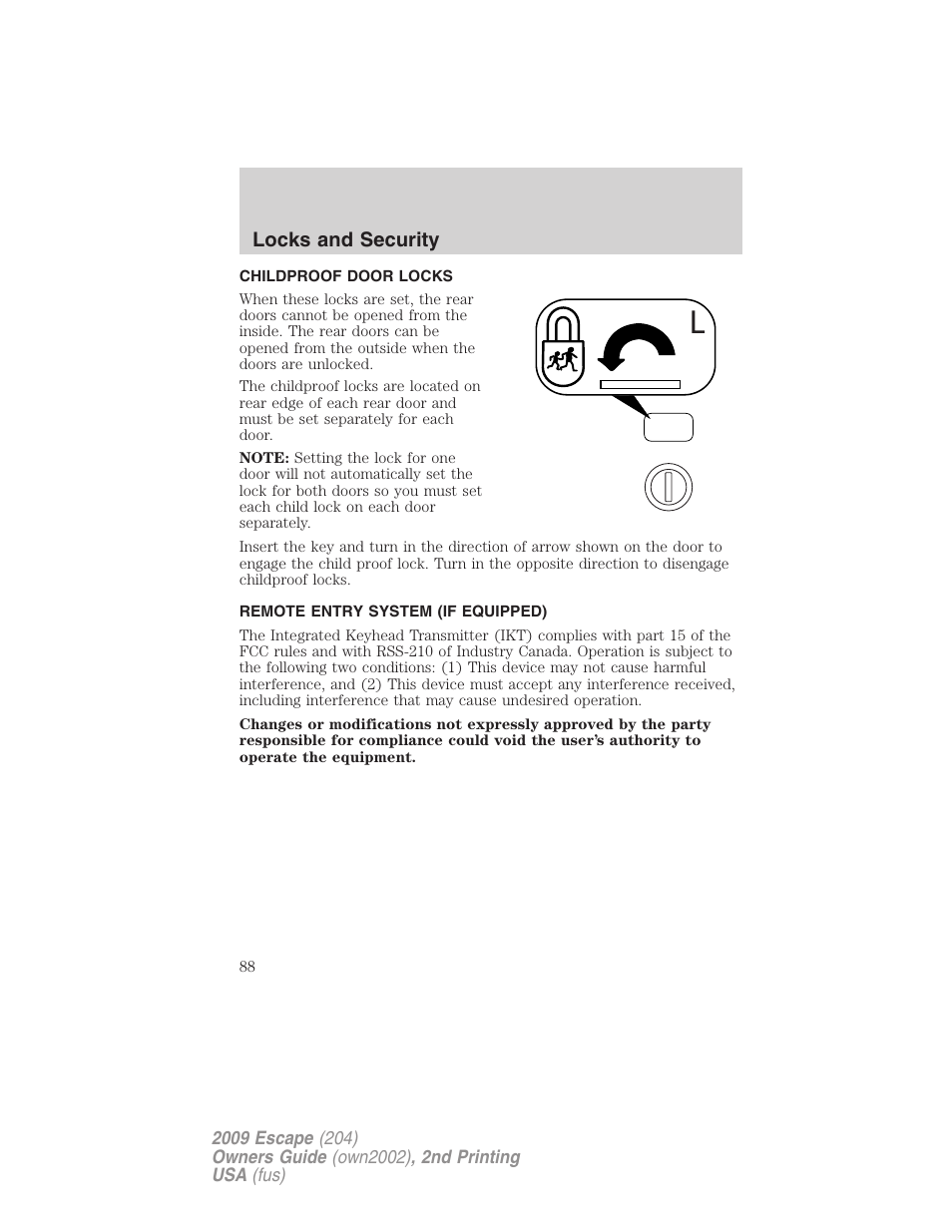 Childproof door locks, Remote entry system (if equipped), Locks and security | FORD 2009 Escape v.2 User Manual | Page 88 / 310
