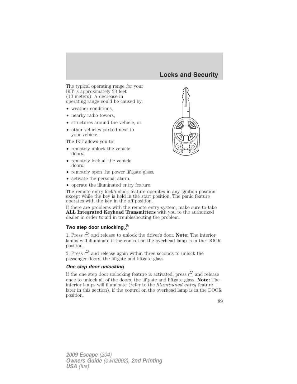 Two step door unlocking, One step door unlocking, Locks and security | FORD 2009 Escape v.2 User Manual | Page 89 / 310