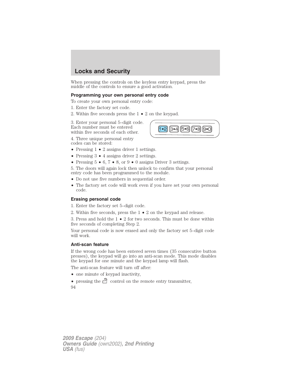 Programming your own personal entry code, Erasing personal code, Anti-scan feature | Locks and security | FORD 2009 Escape v.2 User Manual | Page 94 / 310