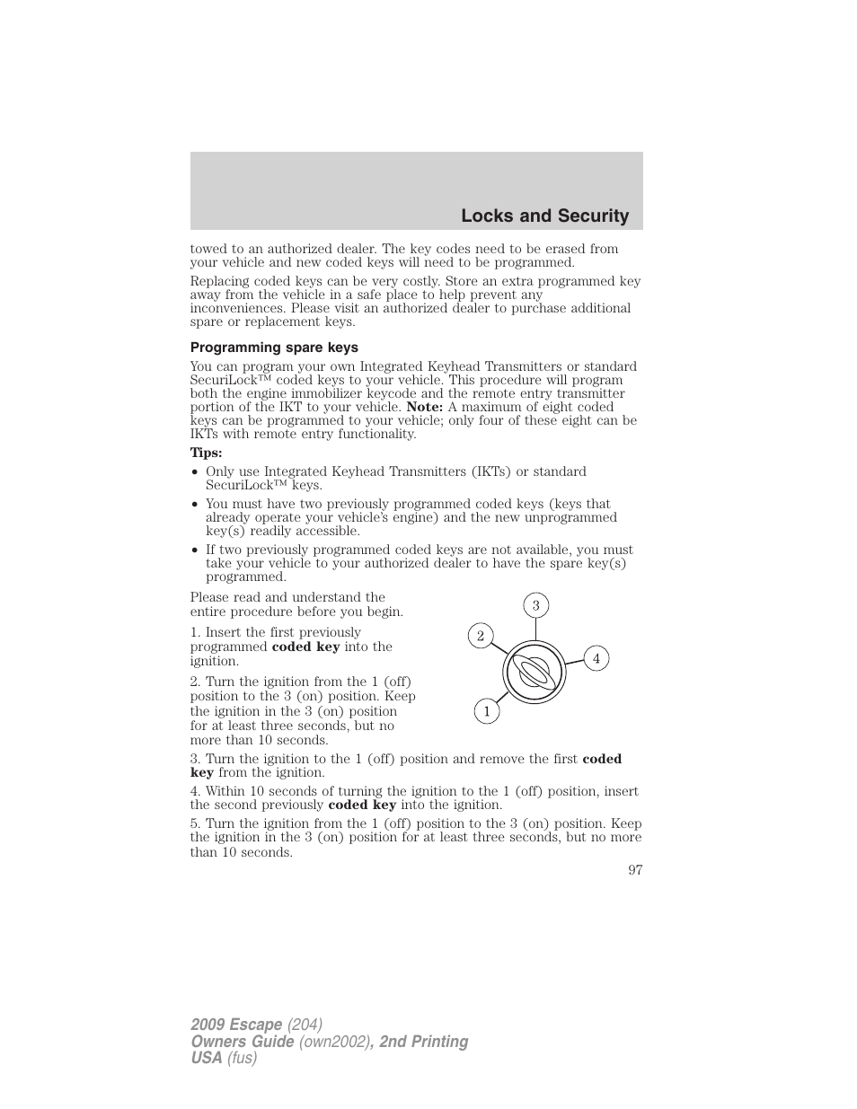 Programming spare keys, Locks and security | FORD 2009 Escape v.2 User Manual | Page 97 / 310