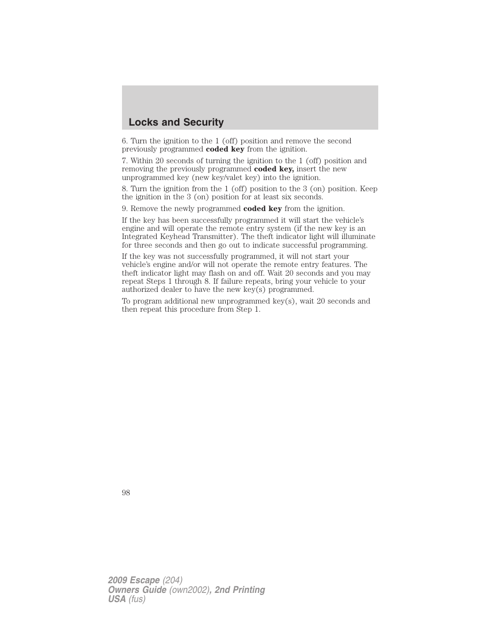Locks and security | FORD 2009 Escape v.2 User Manual | Page 98 / 310