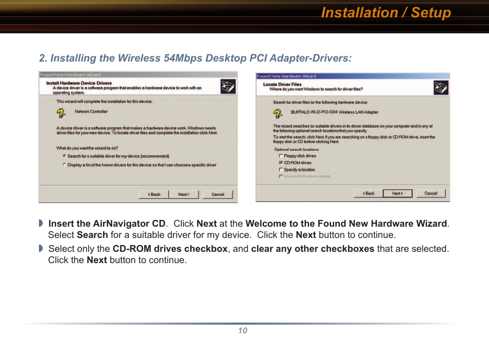 Installation / setup | Buffalo Technology WLI2-PCI-G54 User Manual | Page 10 / 40