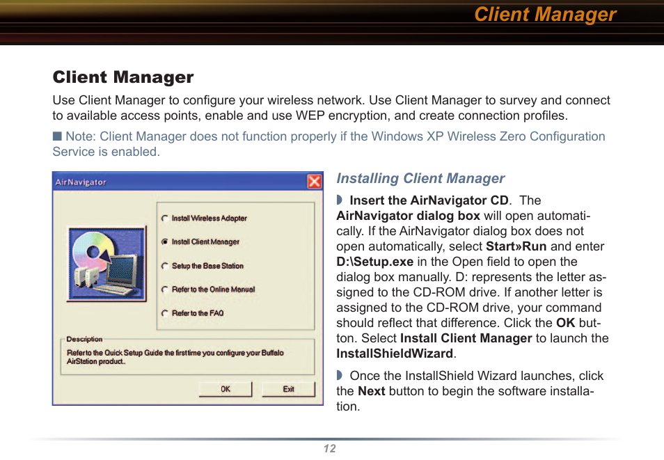 Client manager | Buffalo Technology WLI2-PCI-G54 User Manual | Page 12 / 40