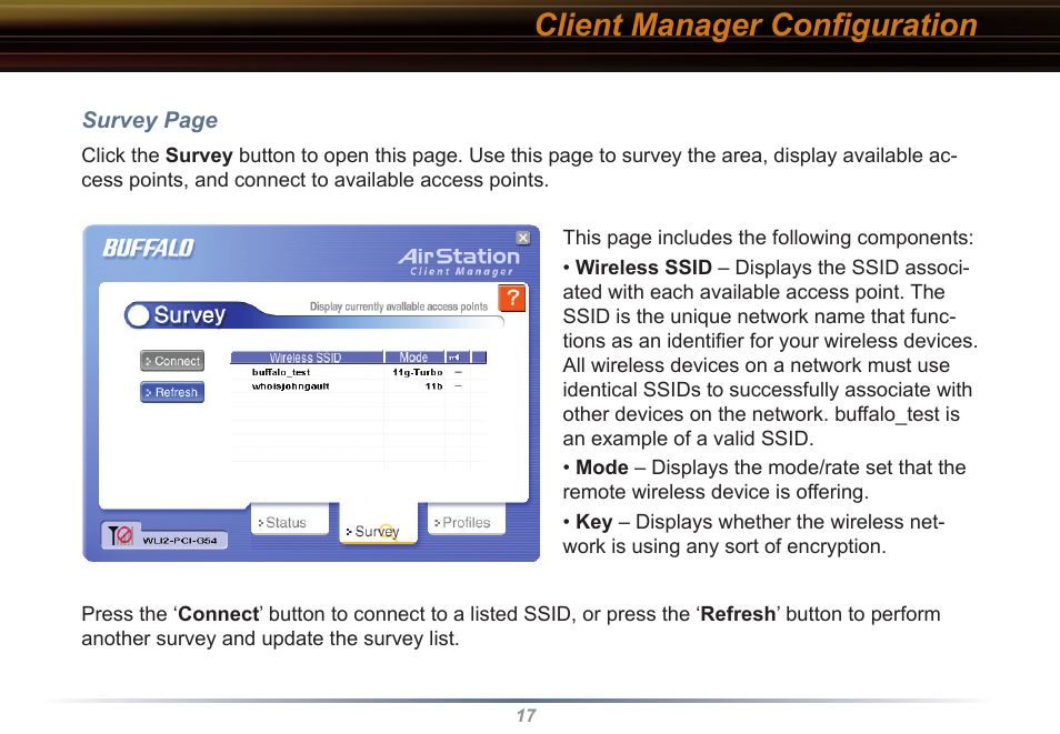 Client manager conﬁguration | Buffalo Technology WLI2-PCI-G54 User Manual | Page 17 / 40