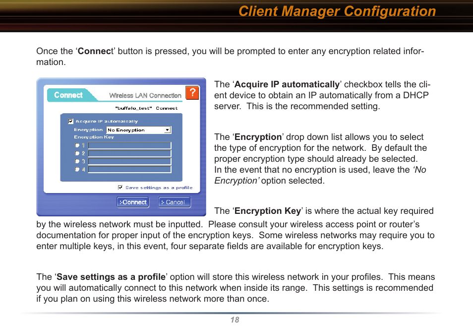 Client manager conﬁguration | Buffalo Technology WLI2-PCI-G54 User Manual | Page 18 / 40