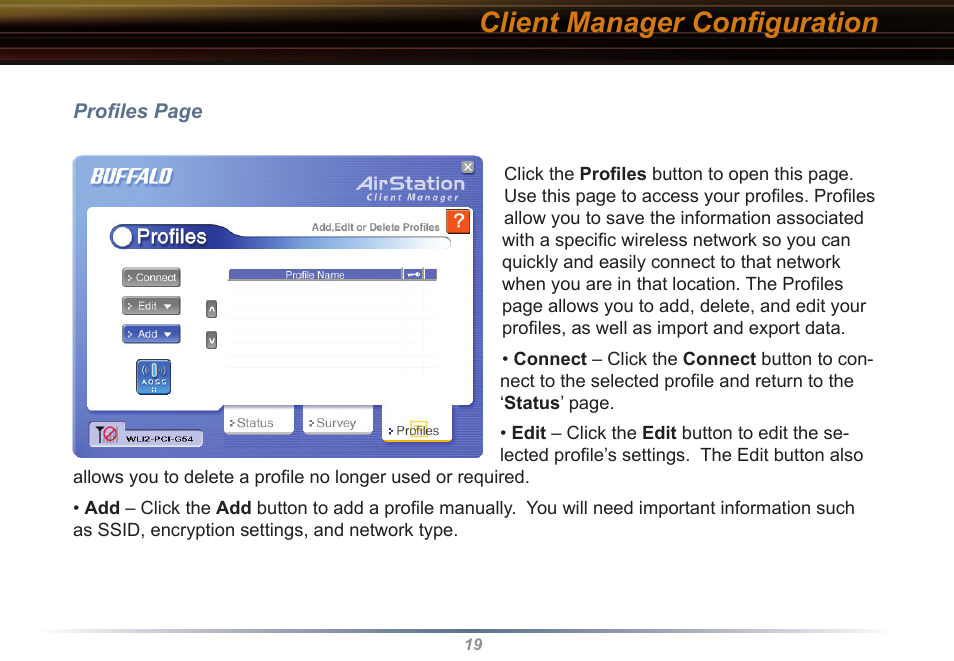 Client manager conﬁguration | Buffalo Technology WLI2-PCI-G54 User Manual | Page 19 / 40