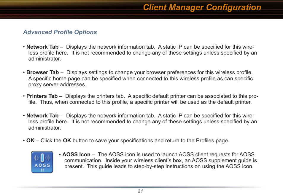 Client manager conﬁguration | Buffalo Technology WLI2-PCI-G54 User Manual | Page 21 / 40