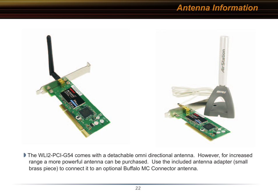 Antenna information | Buffalo Technology WLI2-PCI-G54 User Manual | Page 22 / 40