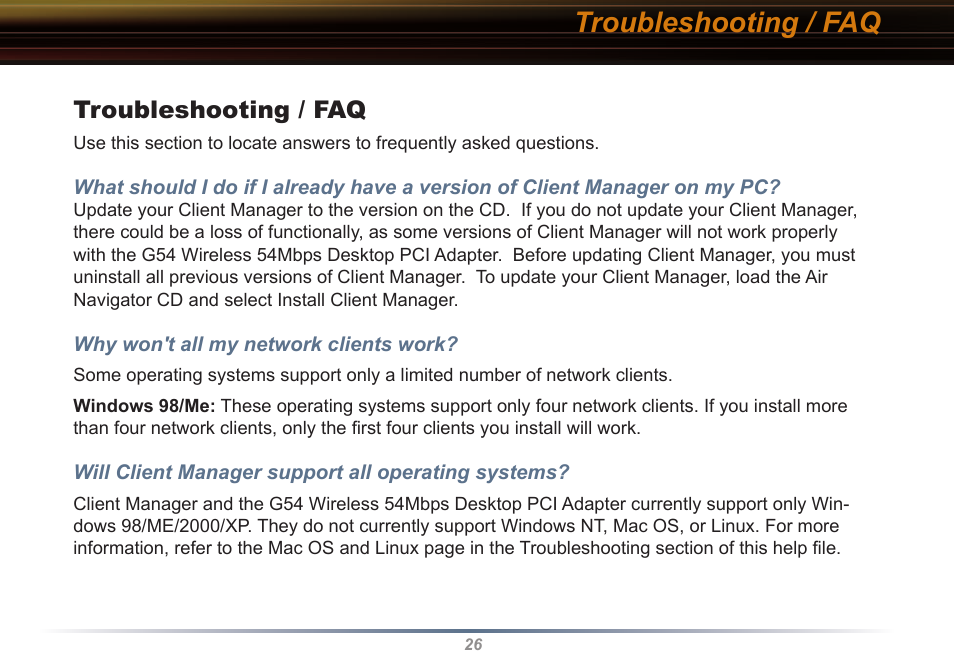 Troubleshooting / faq | Buffalo Technology WLI2-PCI-G54 User Manual | Page 26 / 40