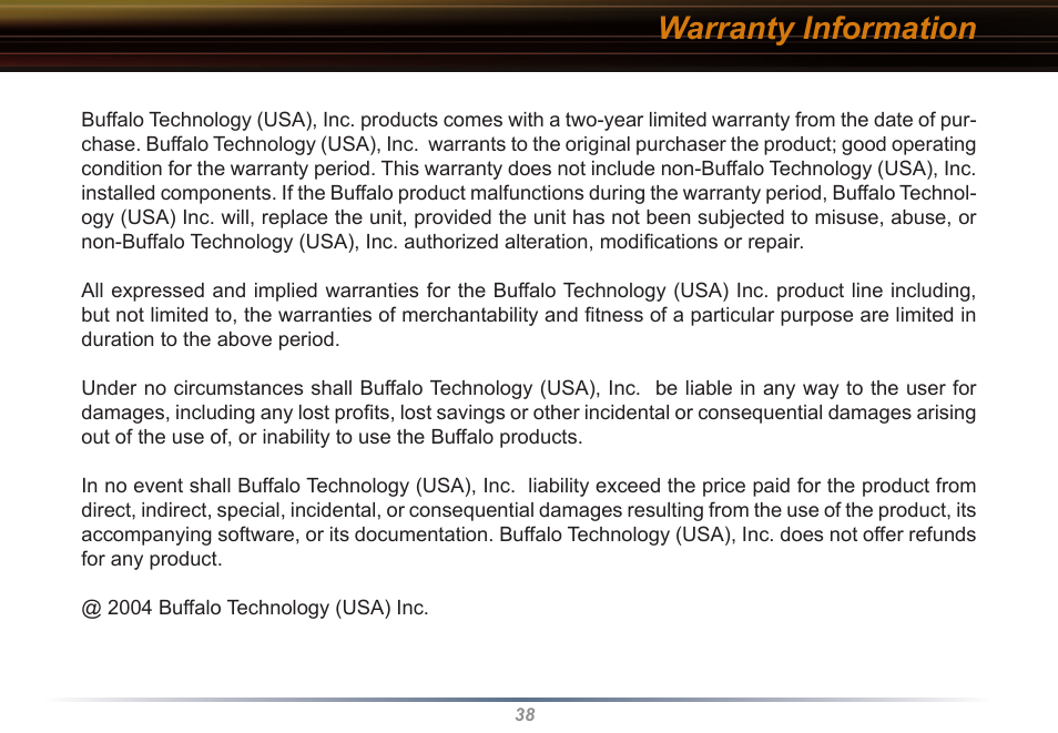 Warranty information | Buffalo Technology WLI2-PCI-G54 User Manual | Page 38 / 40