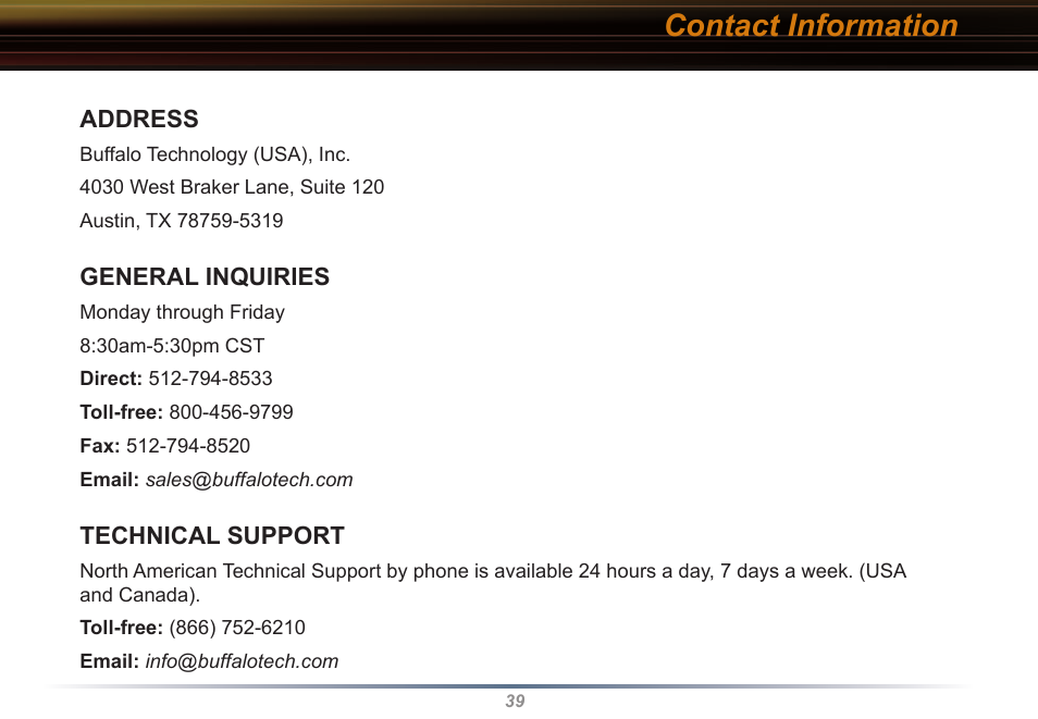 Contact information | Buffalo Technology WLI2-PCI-G54 User Manual | Page 39 / 40