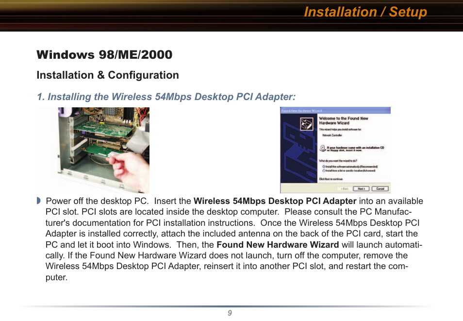 Installation / setup | Buffalo Technology WLI2-PCI-G54 User Manual | Page 9 / 40