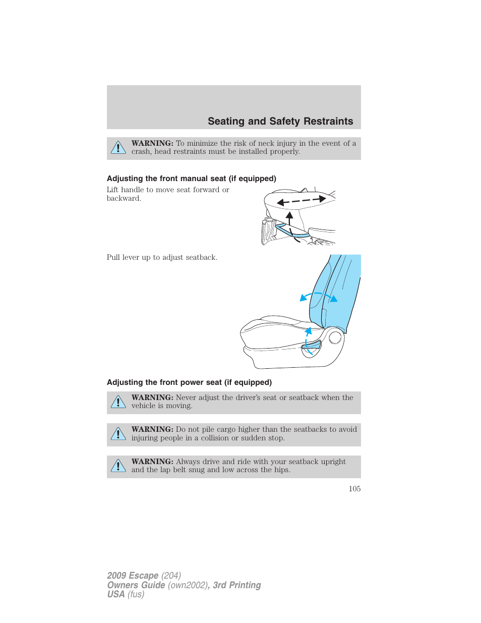 Adjusting the front manual seat (if equipped), Adjusting the front power seat (if equipped), Seating and safety restraints | FORD 2009 Escape v.3 User Manual | Page 105 / 320