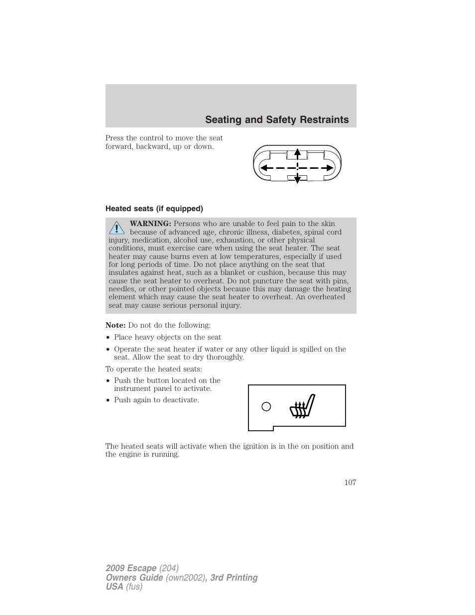 Heated seats (if equipped), Seating and safety restraints | FORD 2009 Escape v.3 User Manual | Page 107 / 320