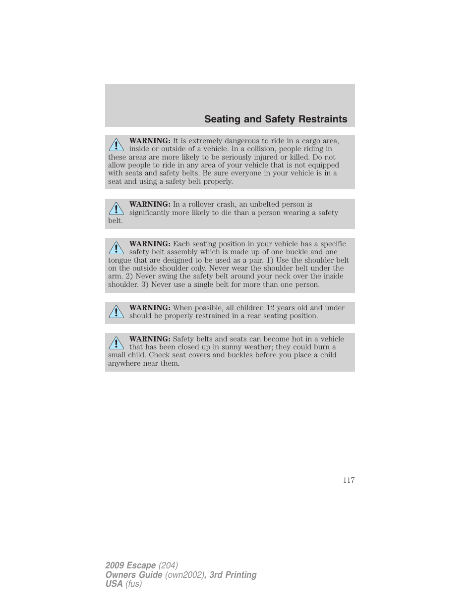 Seating and safety restraints | FORD 2009 Escape v.3 User Manual | Page 117 / 320
