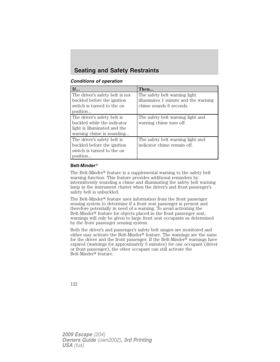 Conditions of operation, Belt-minder, Seating and safety restraints | FORD 2009 Escape v.3 User Manual | Page 122 / 320