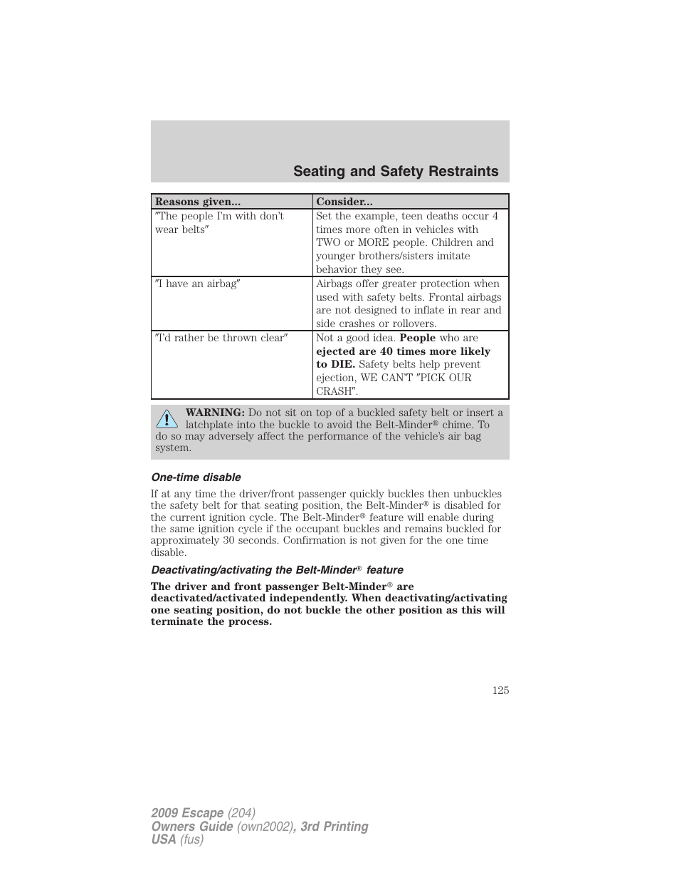 One-time disable, Deactivating/activating the belt-minder feature, Seating and safety restraints | FORD 2009 Escape v.3 User Manual | Page 125 / 320