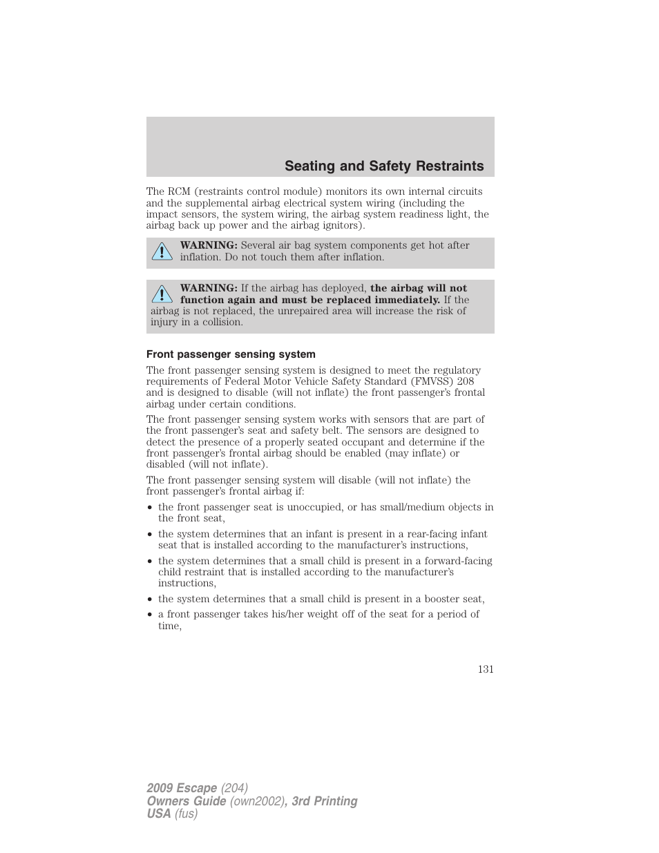 Front passenger sensing system, Seating and safety restraints | FORD 2009 Escape v.3 User Manual | Page 131 / 320