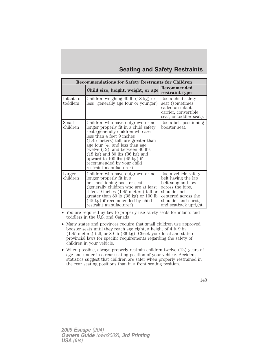Seating and safety restraints | FORD 2009 Escape v.3 User Manual | Page 143 / 320