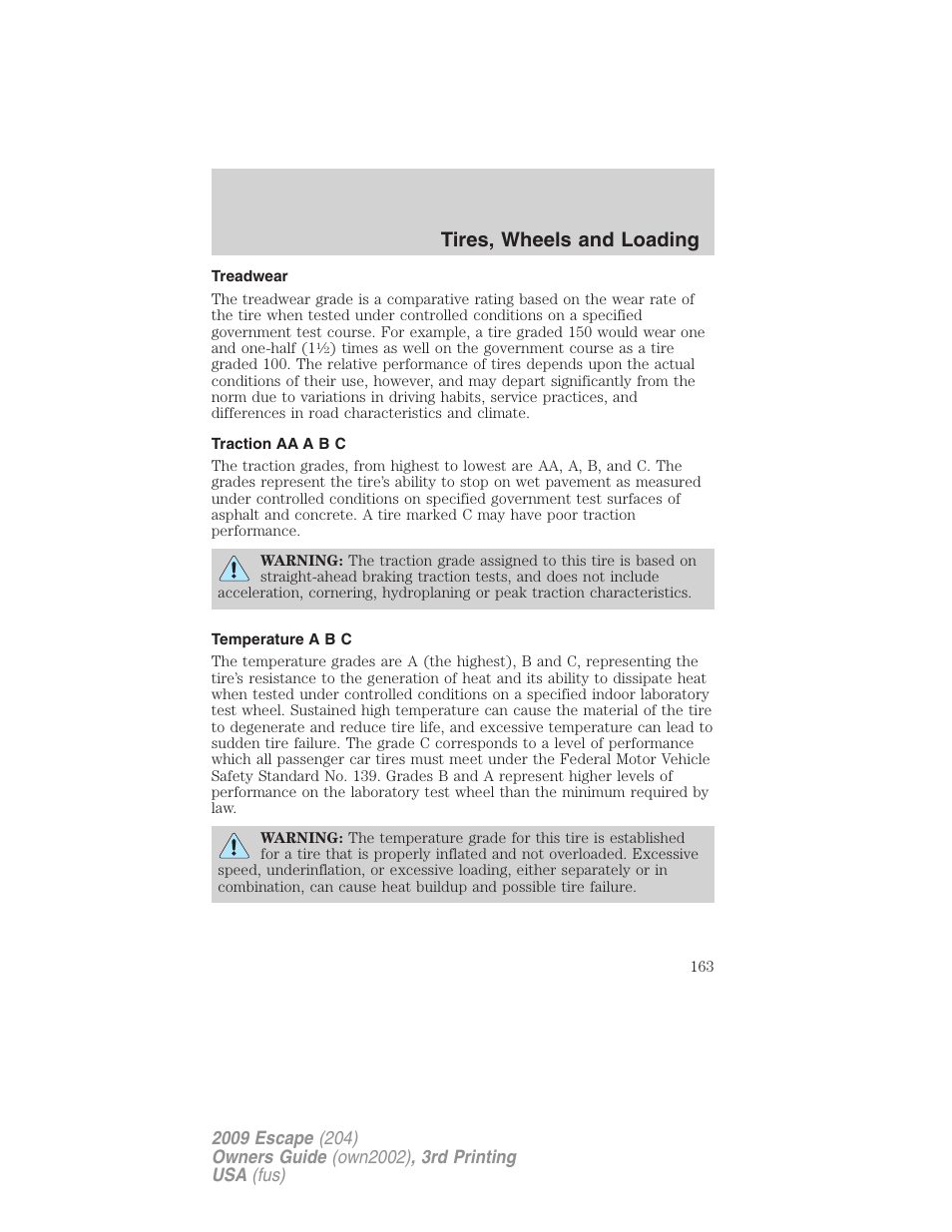 Treadwear, Traction aa a b c, Temperature a b c | Tires, wheels and loading | FORD 2009 Escape v.3 User Manual | Page 163 / 320