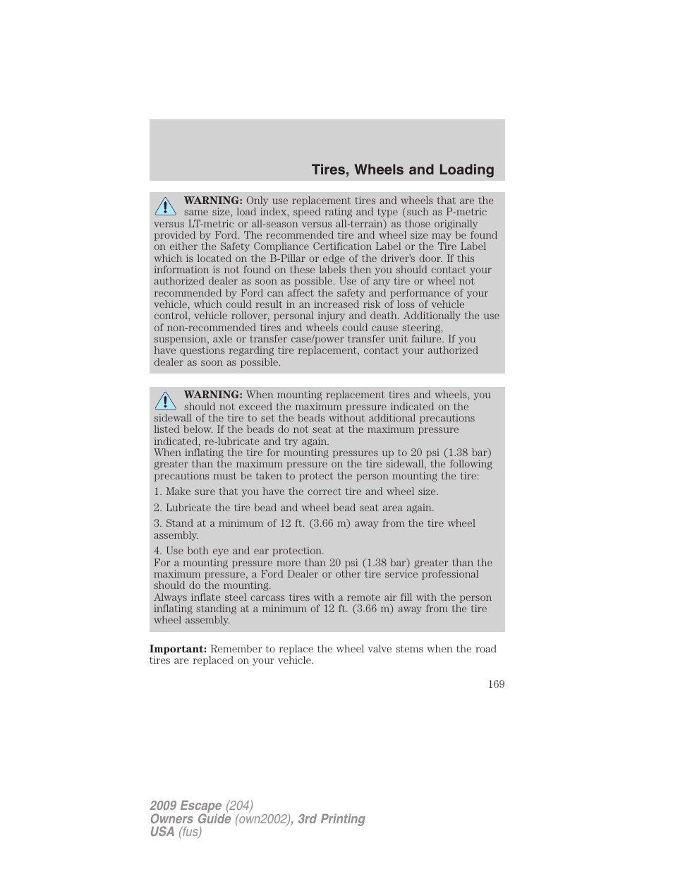 Tires, wheels and loading | FORD 2009 Escape v.3 User Manual | Page 169 / 320