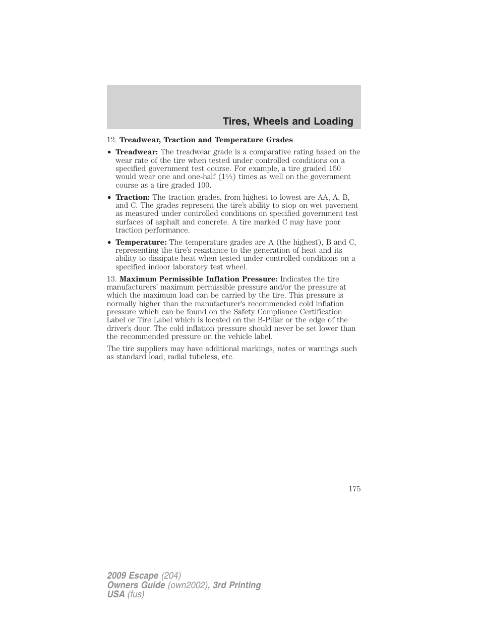 Tires, wheels and loading | FORD 2009 Escape v.3 User Manual | Page 175 / 320