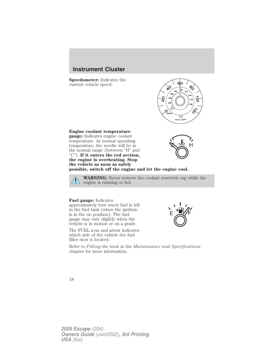Instrument cluster | FORD 2009 Escape v.3 User Manual | Page 18 / 320
