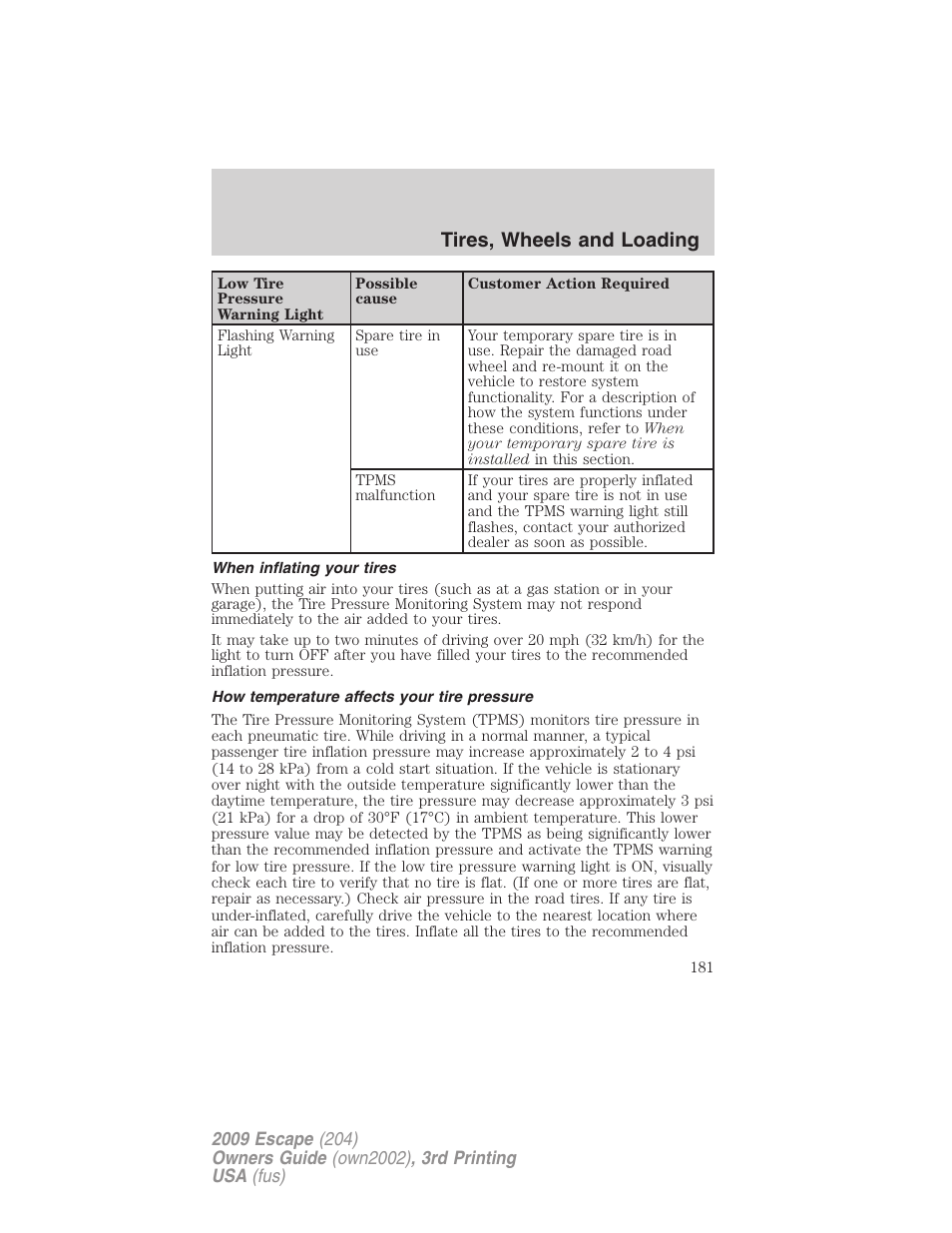 When inflating your tires, How temperature affects your tire pressure, Tires, wheels and loading | FORD 2009 Escape v.3 User Manual | Page 181 / 320