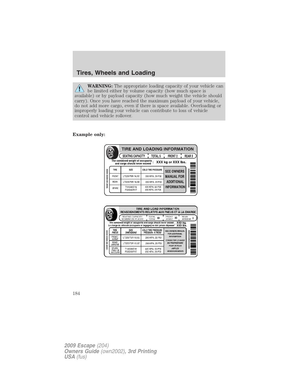 Tires, wheels and loading | FORD 2009 Escape v.3 User Manual | Page 184 / 320