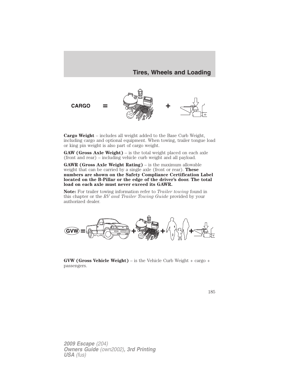 Tires, wheels and loading | FORD 2009 Escape v.3 User Manual | Page 185 / 320