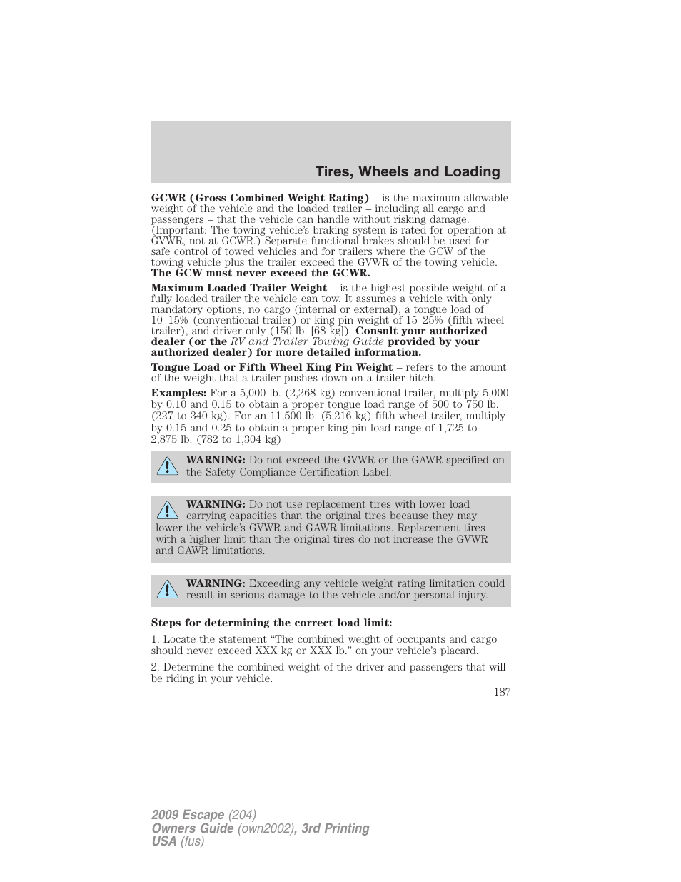 Tires, wheels and loading | FORD 2009 Escape v.3 User Manual | Page 187 / 320