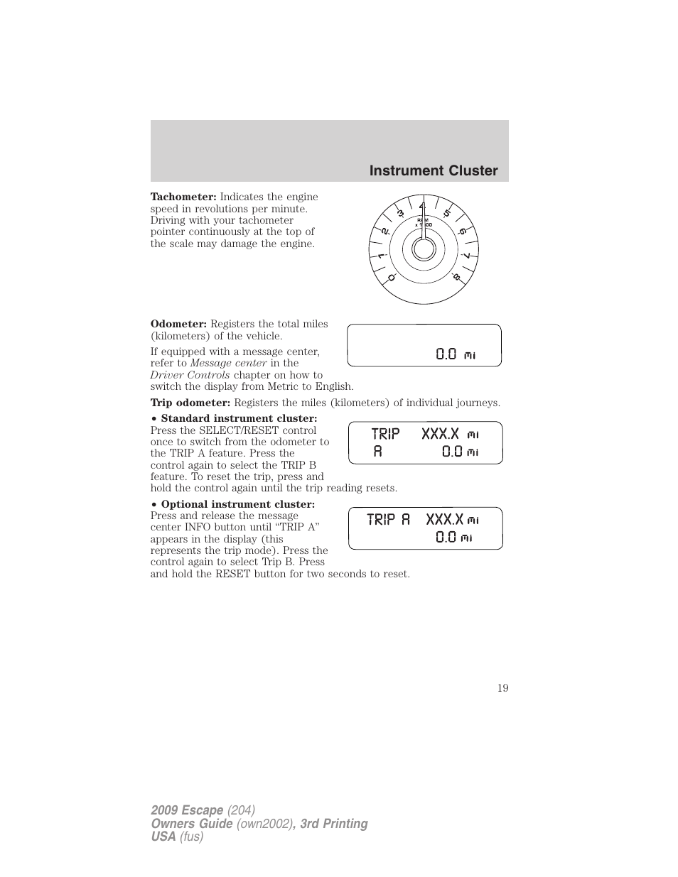 Instrument cluster | FORD 2009 Escape v.3 User Manual | Page 19 / 320