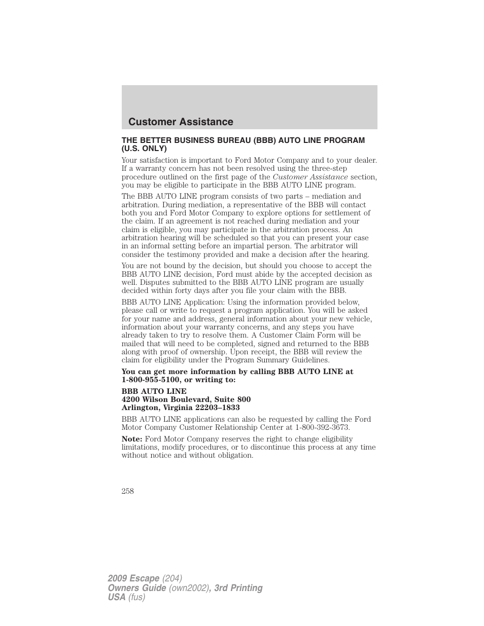 Customer assistance | FORD 2009 Escape v.3 User Manual | Page 258 / 320