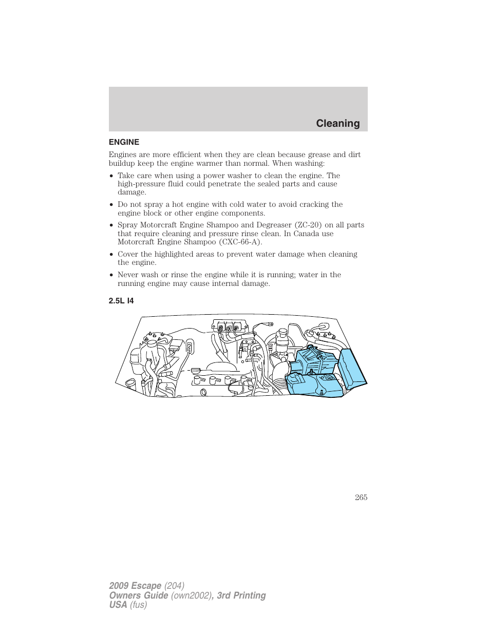 Engine, 5l i4, Cleaning | FORD 2009 Escape v.3 User Manual | Page 265 / 320