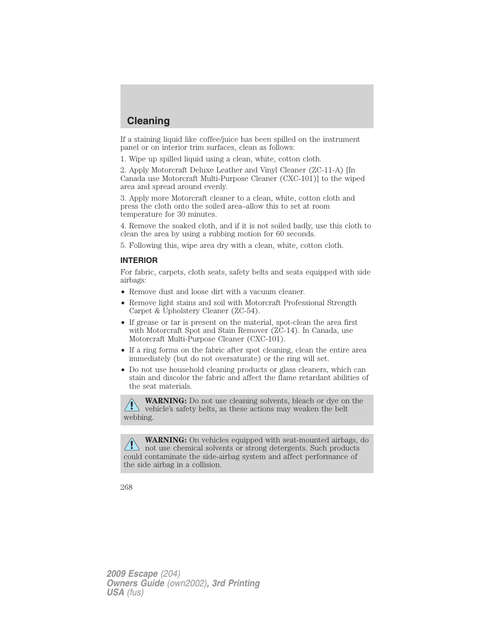 Interior, Cleaning | FORD 2009 Escape v.3 User Manual | Page 268 / 320