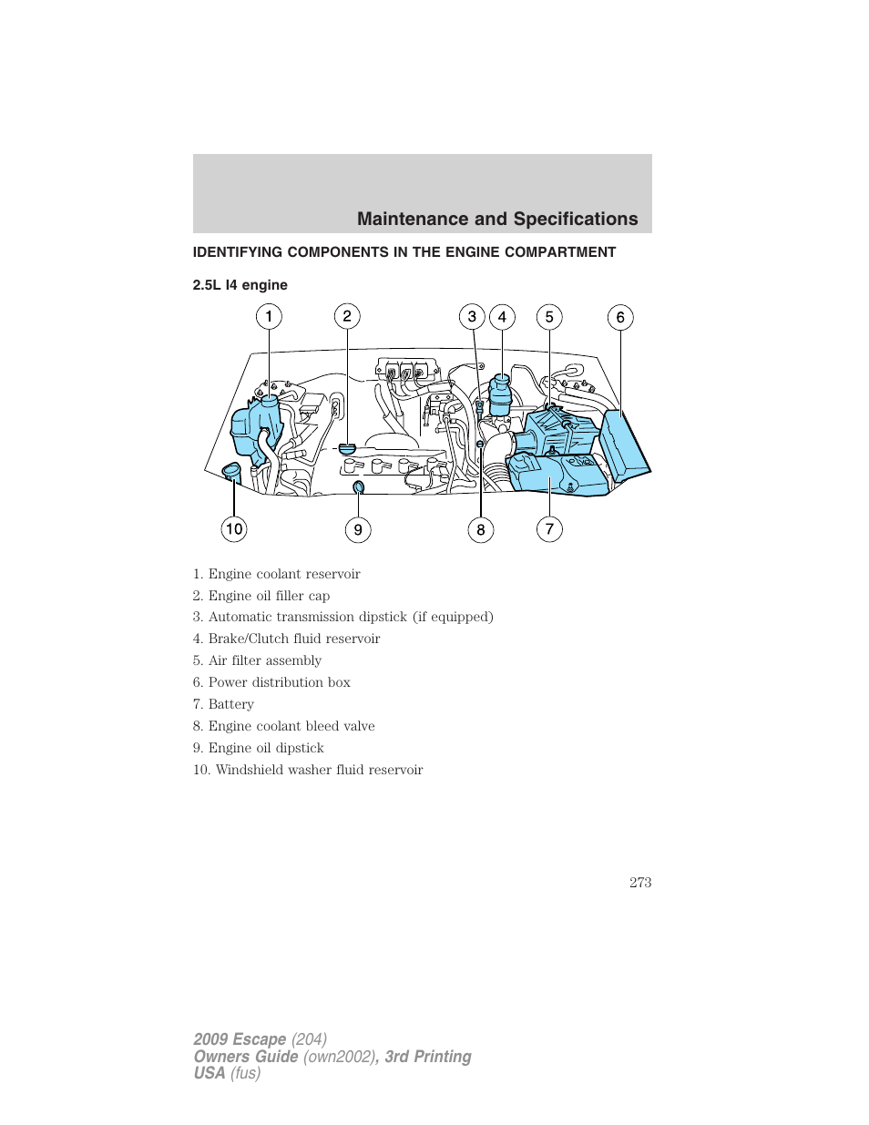 Identifying components in the engine compartment, 5l i4 engine, Engine compartment | Maintenance and specifications | FORD 2009 Escape v.3 User Manual | Page 273 / 320