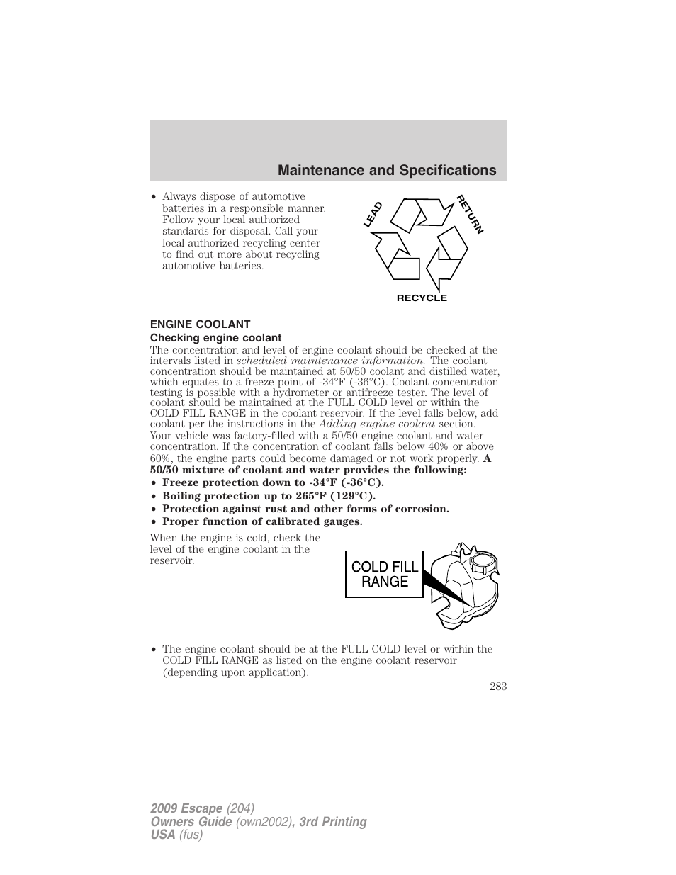 Engine coolant, Checking engine coolant, Maintenance and specifications | FORD 2009 Escape v.3 User Manual | Page 283 / 320