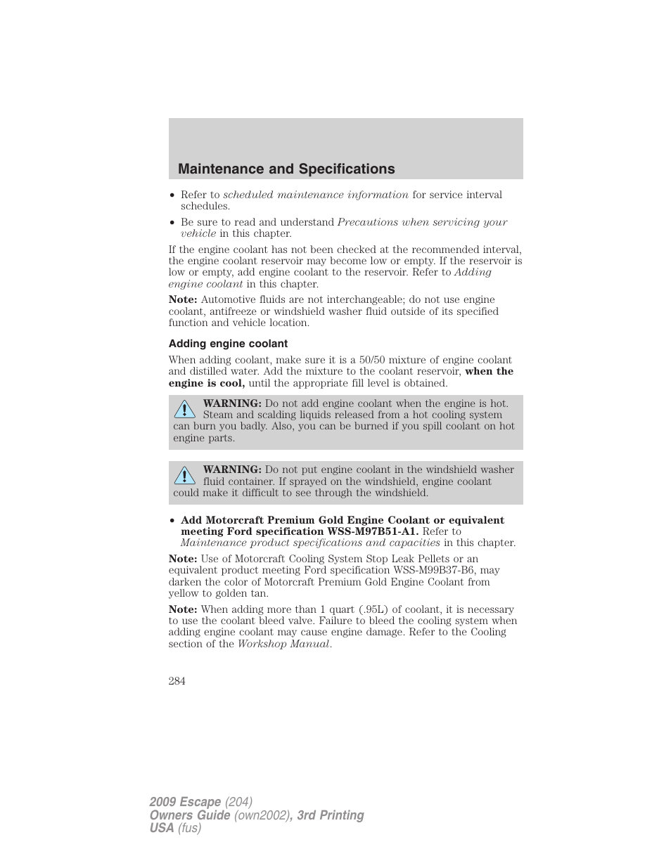 Adding engine coolant, Maintenance and specifications | FORD 2009 Escape v.3 User Manual | Page 284 / 320